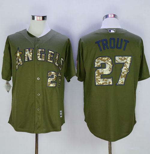 Angels of Anaheim #27 Mike Trout Green Camo New Cool Base Stitched MLB Jersey - Click Image to Close